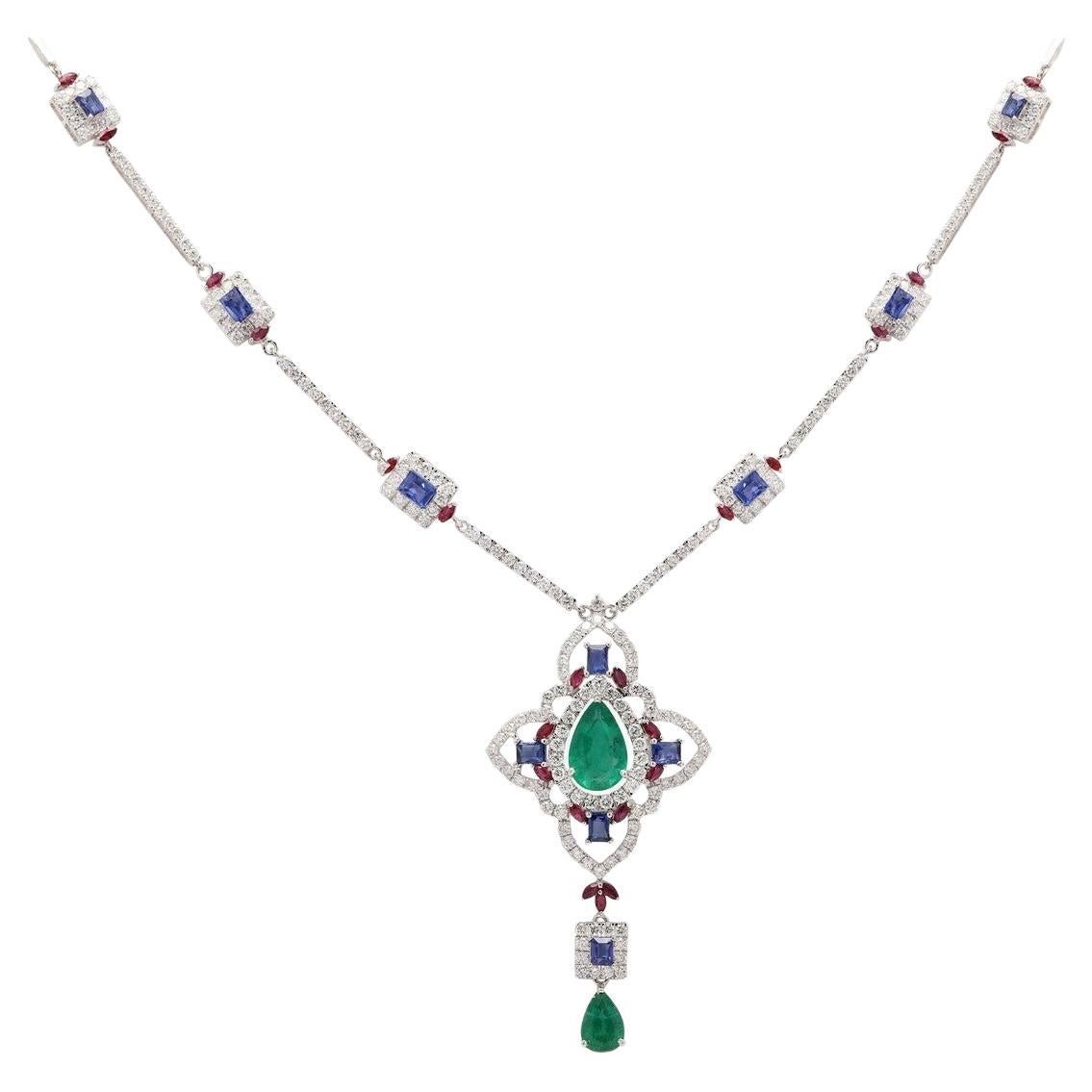 Meghna Jewels Halskette im Art-déco-Stil aus 18 Karat Gold mit Smaragd, blauem Saphir und Diamant