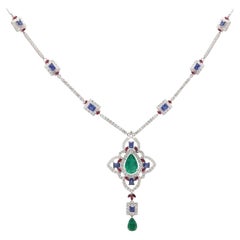 Meghna Jewels Halskette im Art-déco-Stil aus 18 Karat Gold mit Smaragd, blauem Saphir und Diamant