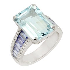 Meghna Jewels Emerald Cut Aquamarine Tanzanite Diamond 14 Karat Gold Ring