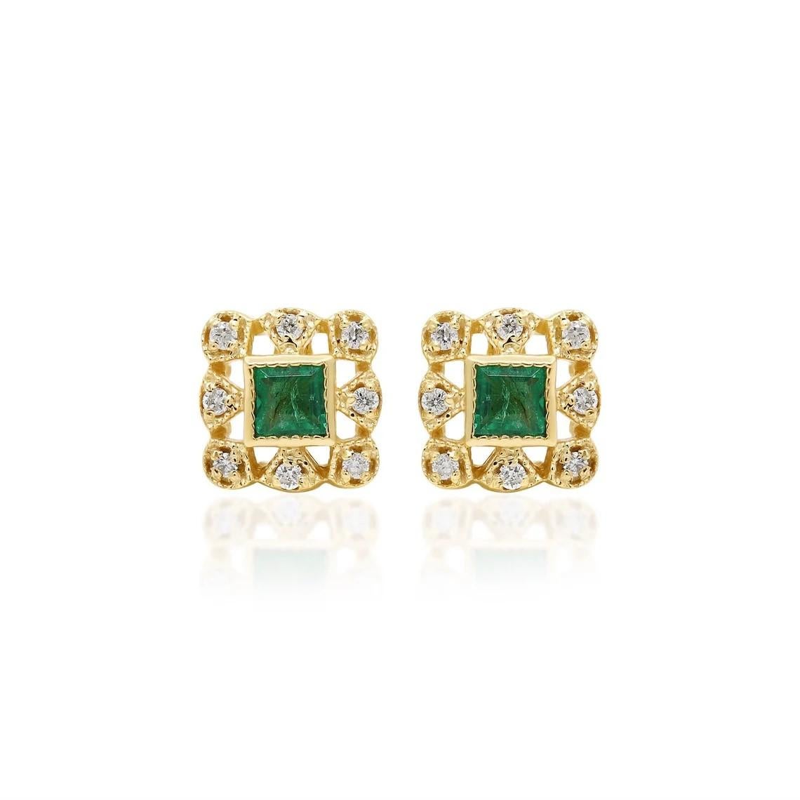 Meghna Jewels Quadratische Ohrstecker mit Smaragd und Diamant aus 14 Karat Gold (Carréeschliff) im Angebot