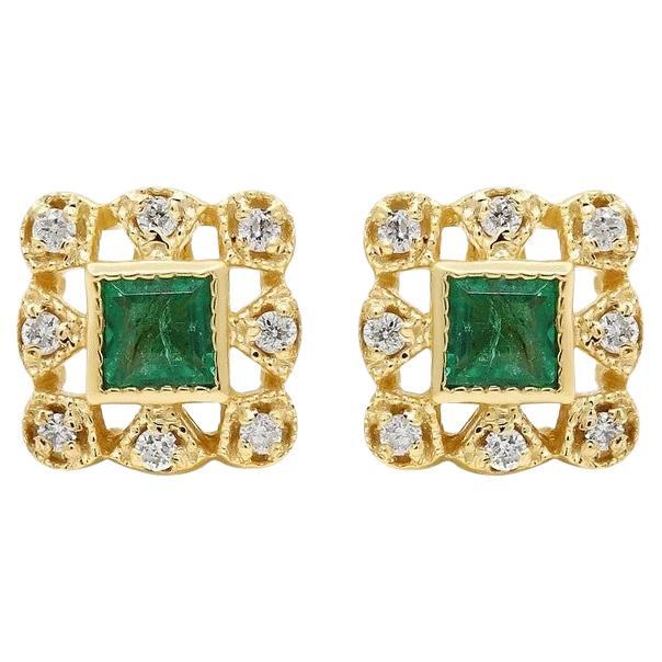 Meghna Jewels Quadratische Ohrstecker mit Smaragd und Diamant aus 14 Karat Gold im Angebot