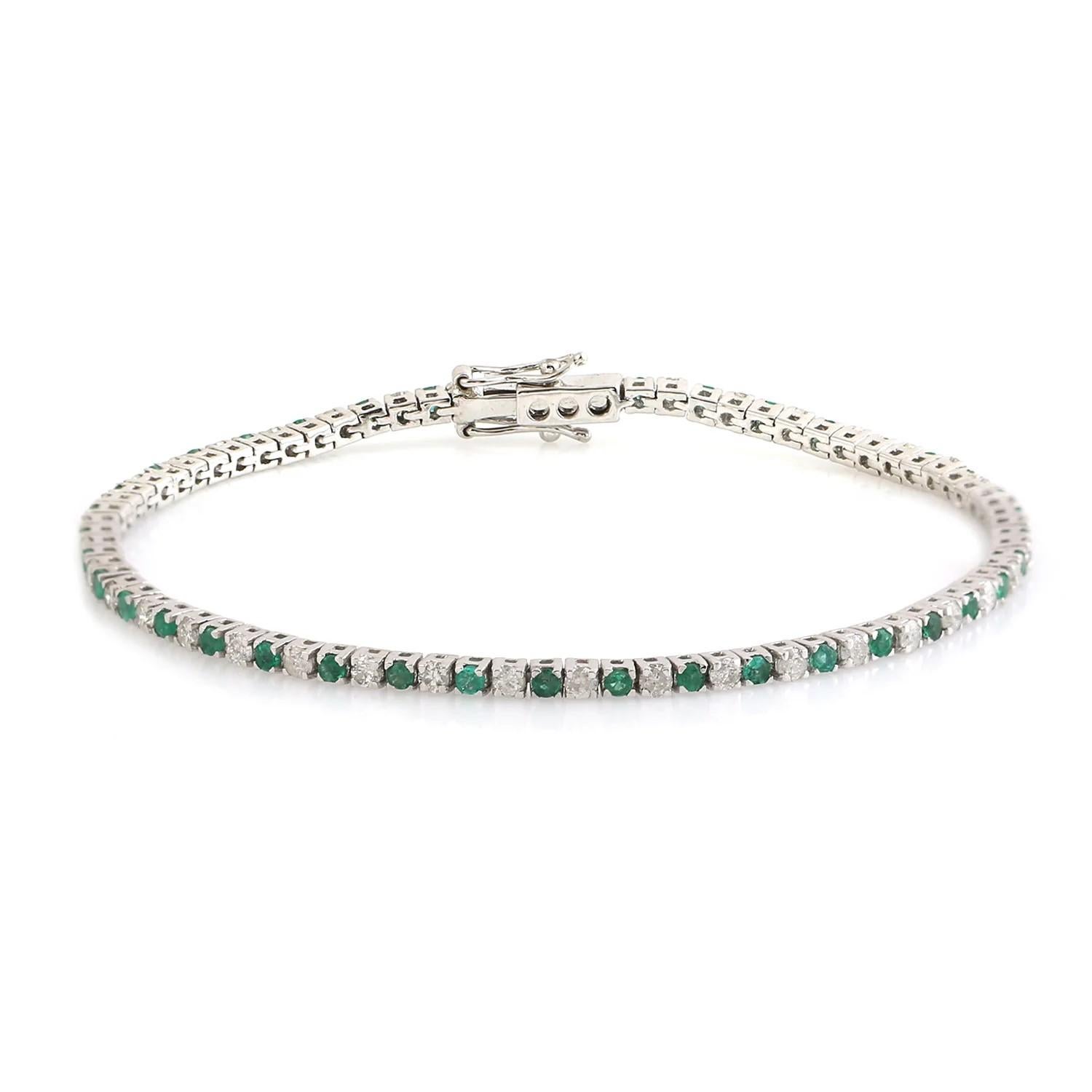 Mixed Cut Meghna Jewels Emerald Diamond 14 Karat Gold Tennis Bracelet For Sale