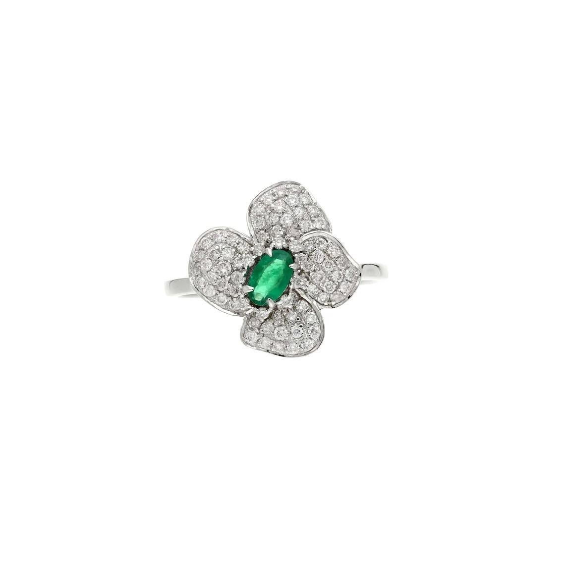Meghna Jewels Esmeralda Diamante Oro 14 Kilates Anillo Flor Silvestre Corte pera en venta