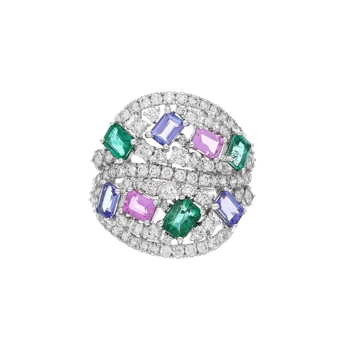 Contemporary Meghna Jewels Emerald Tanzanite Pink Sapphire Diamond 18 Karat Gold Ring For Sale