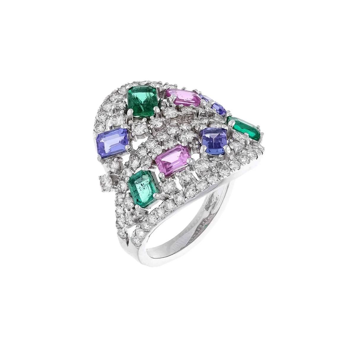 Emerald Cut Meghna Jewels Emerald Tanzanite Pink Sapphire Diamond 18 Karat Gold Ring For Sale