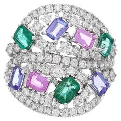 Meghna Jewels Emerald Tanzanite Pink Sapphire Diamond 18 Karat Gold Ring