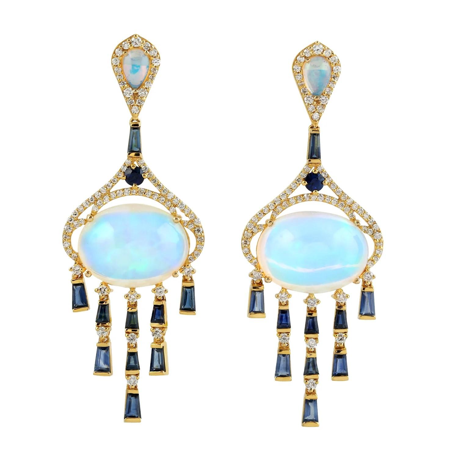 Contemporary Meghna Jewels Ethiopian Opal Blue Sapphire Diamond 14 Karat Gold Earrings For Sale