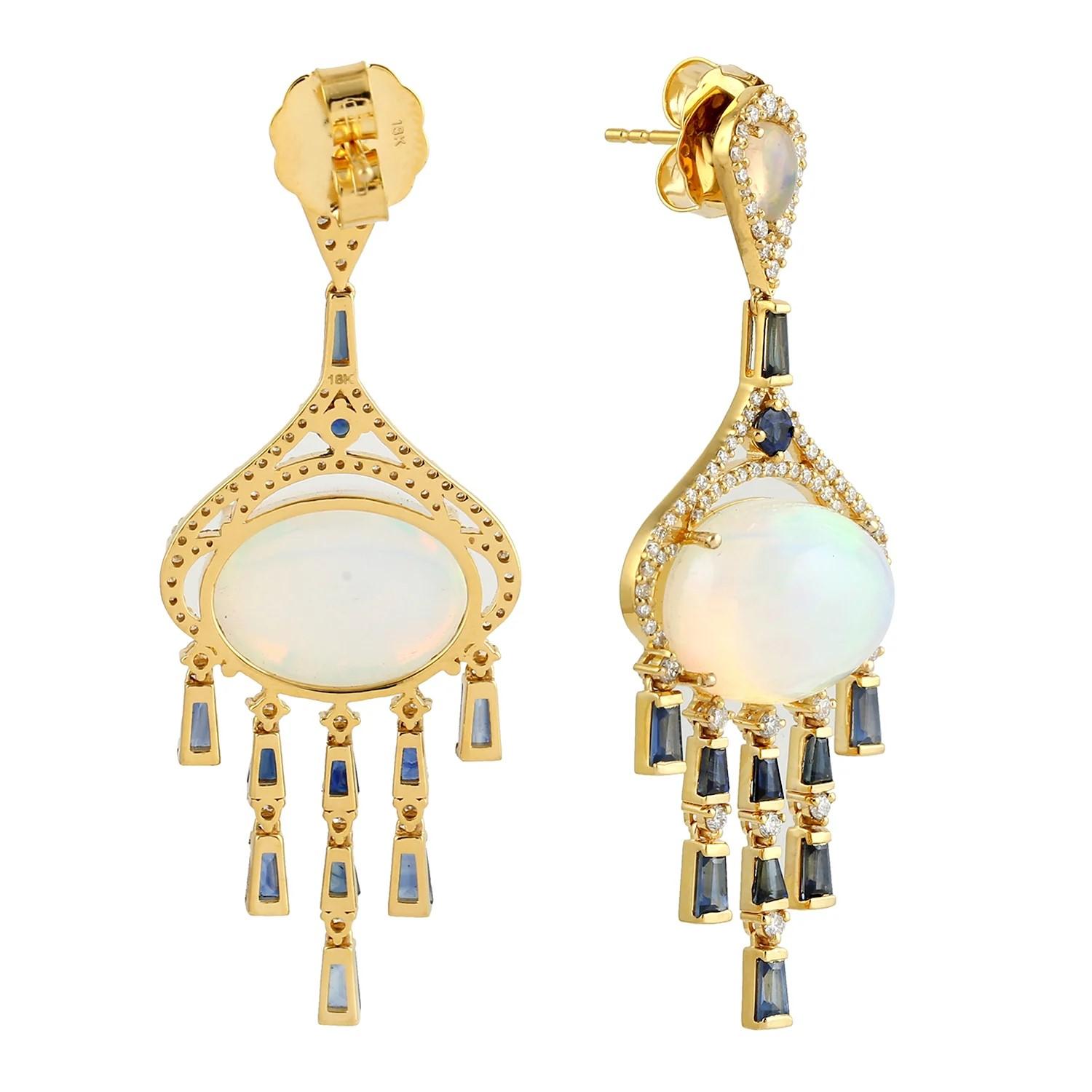 Mixed Cut Meghna Jewels Ethiopian Opal Blue Sapphire Diamond 14 Karat Gold Earrings For Sale