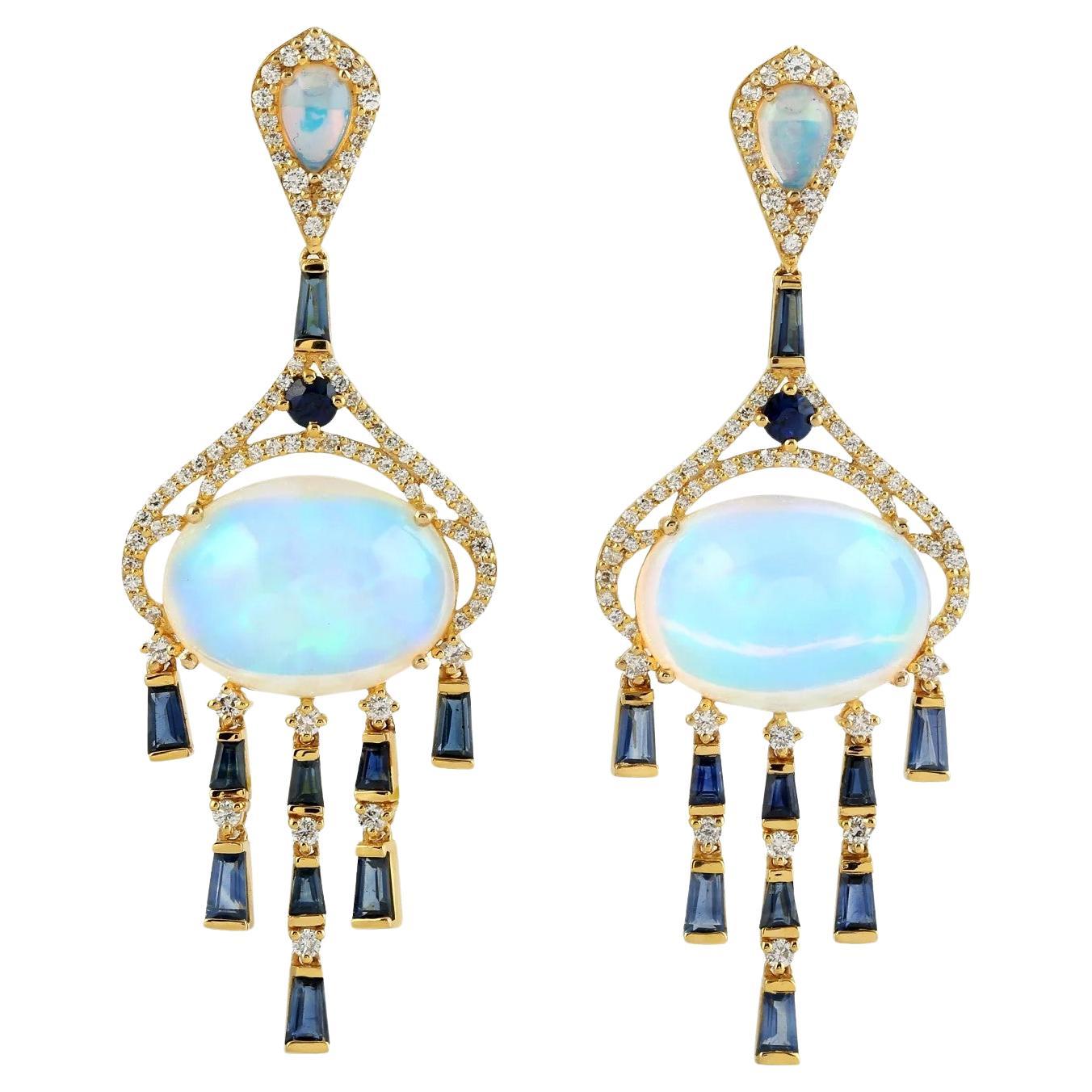 Meghna Jewels Ethiopian Opal Blue Sapphire Diamond 14 Karat Gold Earrings For Sale