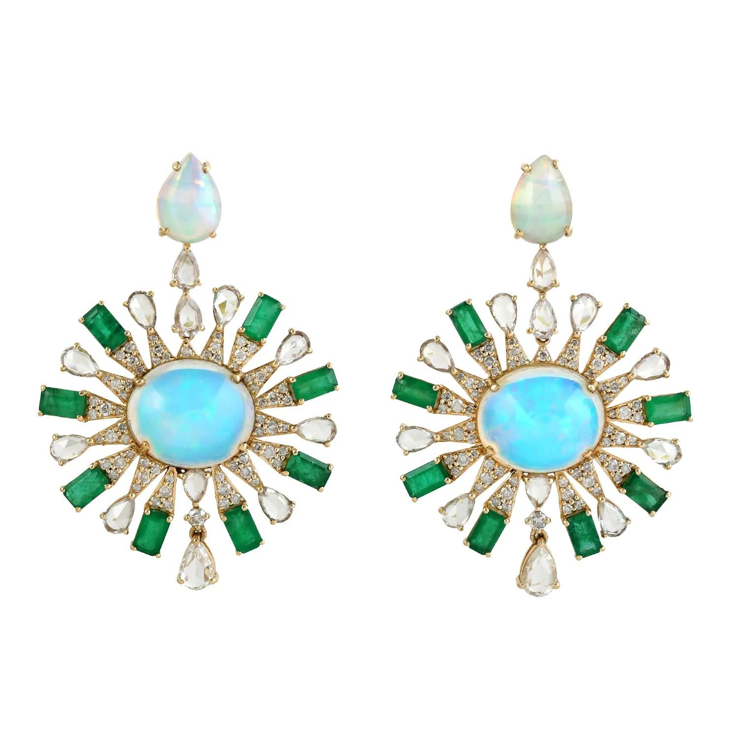 Contemporary Meghna Jewels Ethiopian Opal Emerald Diamond 18 Karat Gold Earrings For Sale