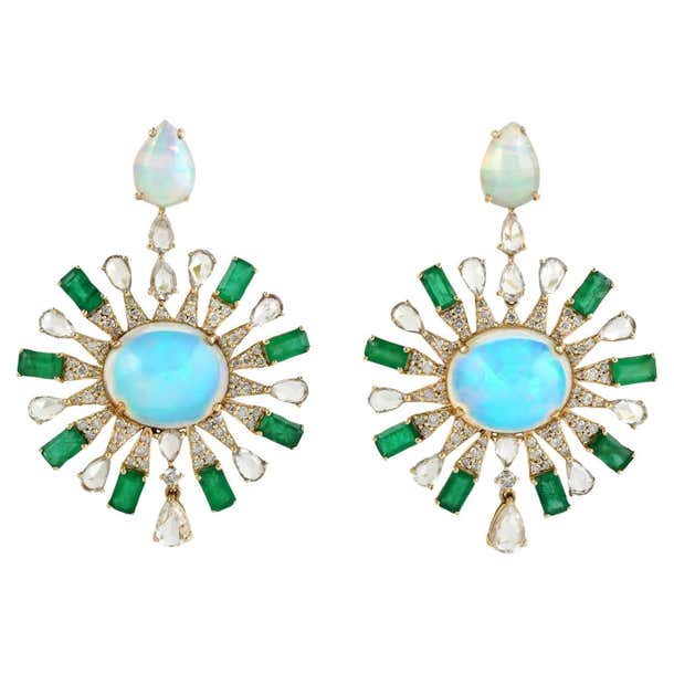 Meghna Jewels Ethiopian Opal Emerald Diamond 18 Karat Gold Earrings For ...