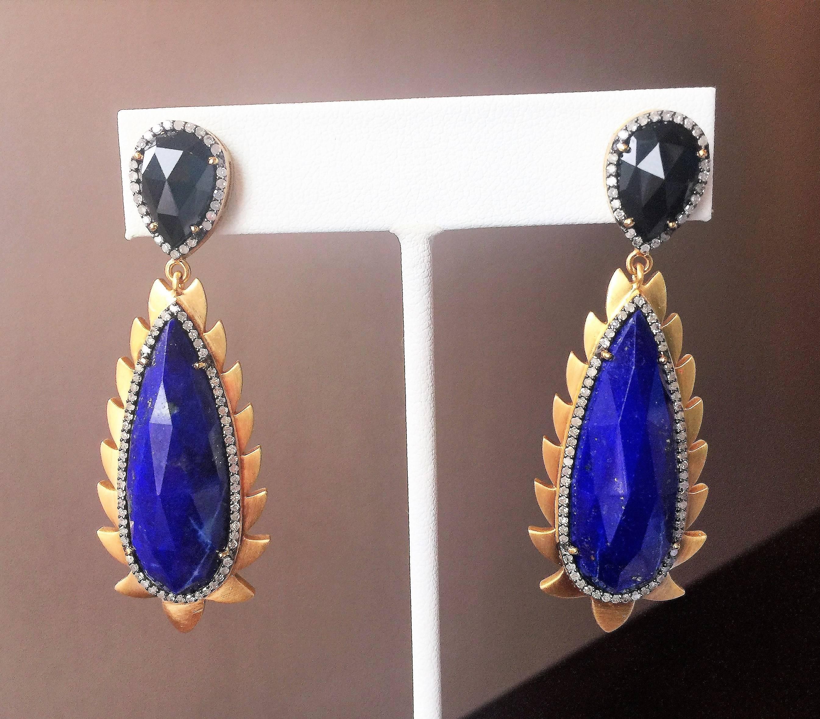 Modern Lapis Diamond Black Onyx Meghna Jewels Flame Earrings For Sale