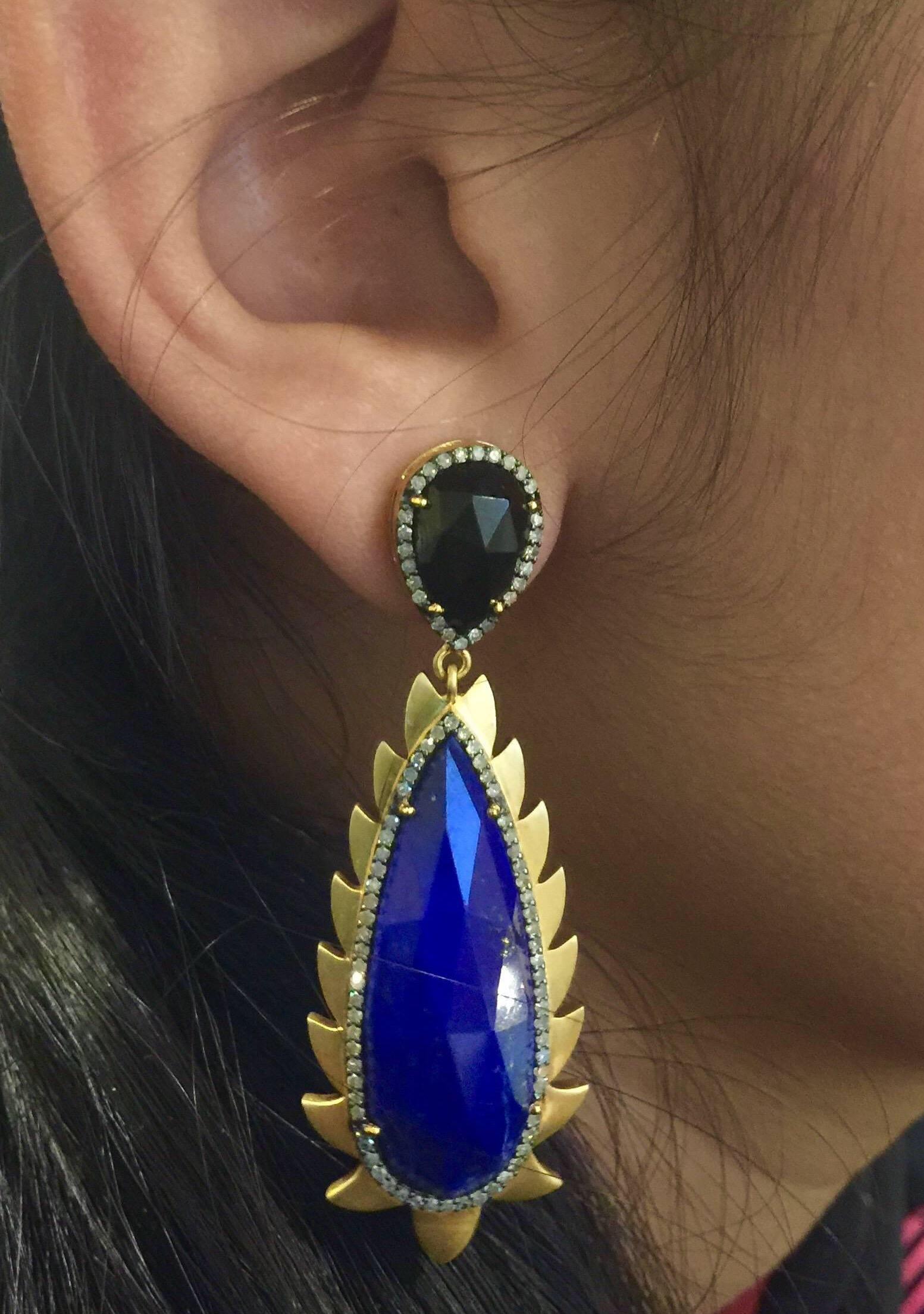 Pear Cut Lapis Diamond Black Onyx Meghna Jewels Flame Earrings For Sale