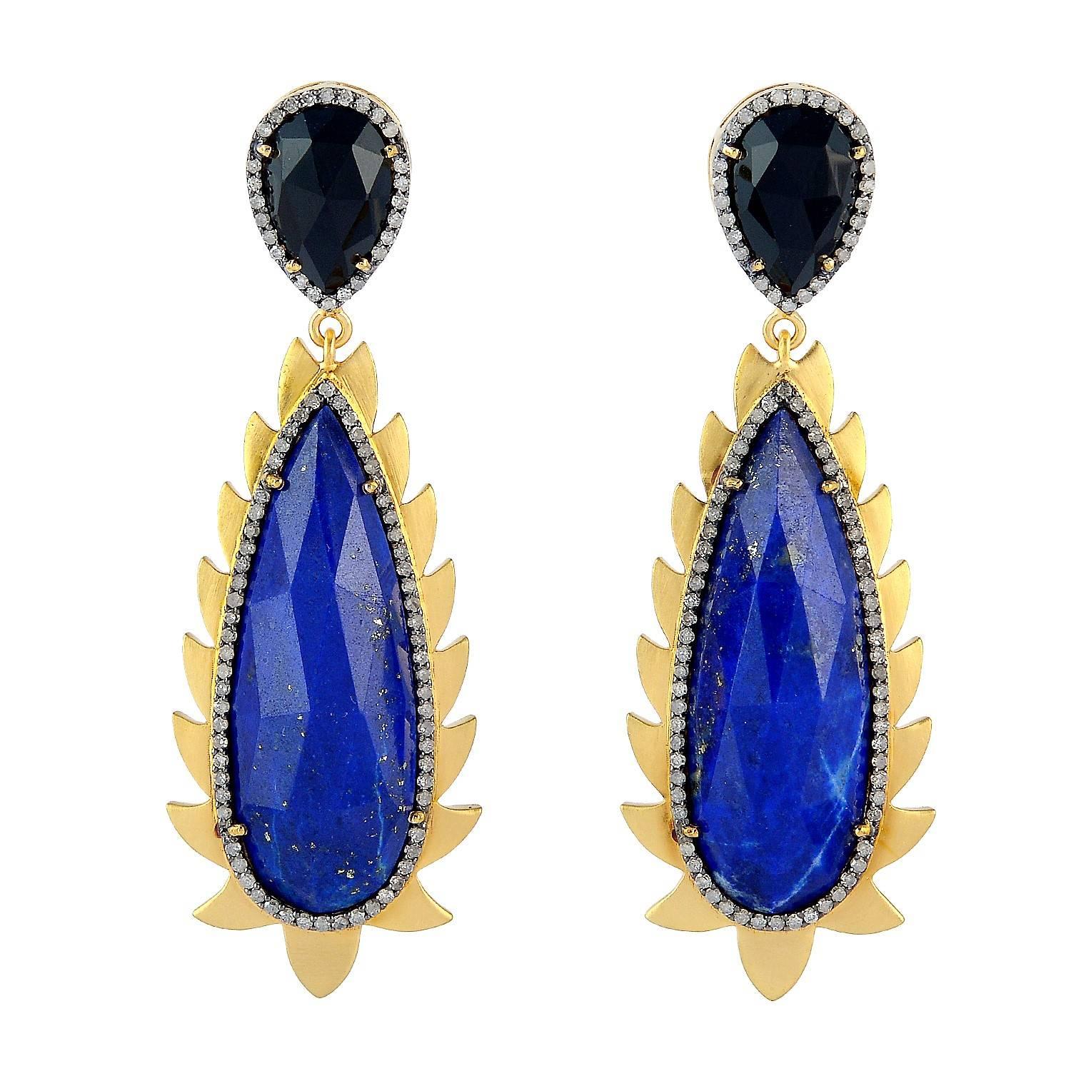 Lapis Diamond Black Onyx Meghna Jewels Flame Earrings For Sale