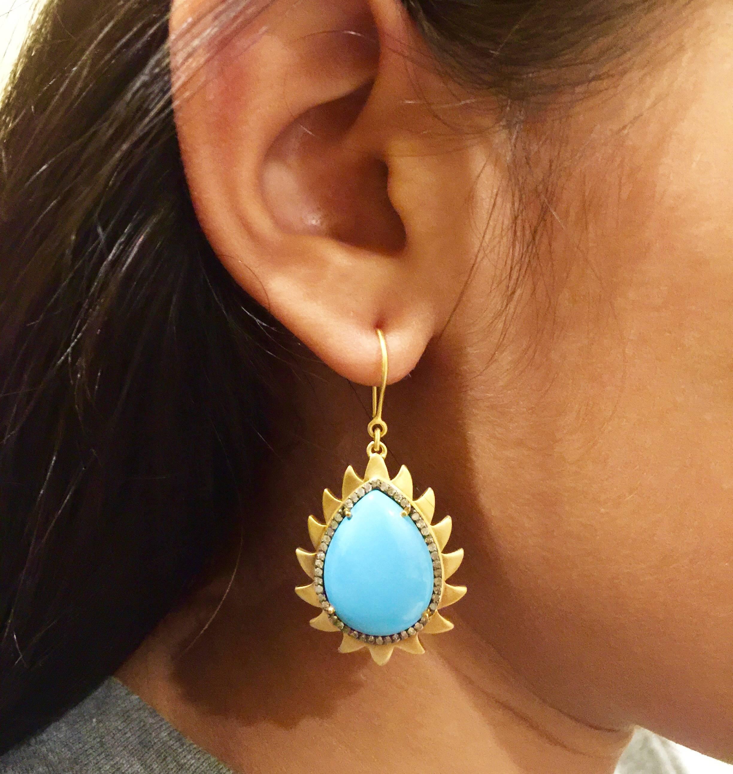 Pear Cut Turquoise Diamond Meghna Jewels Flame Earrings For Sale