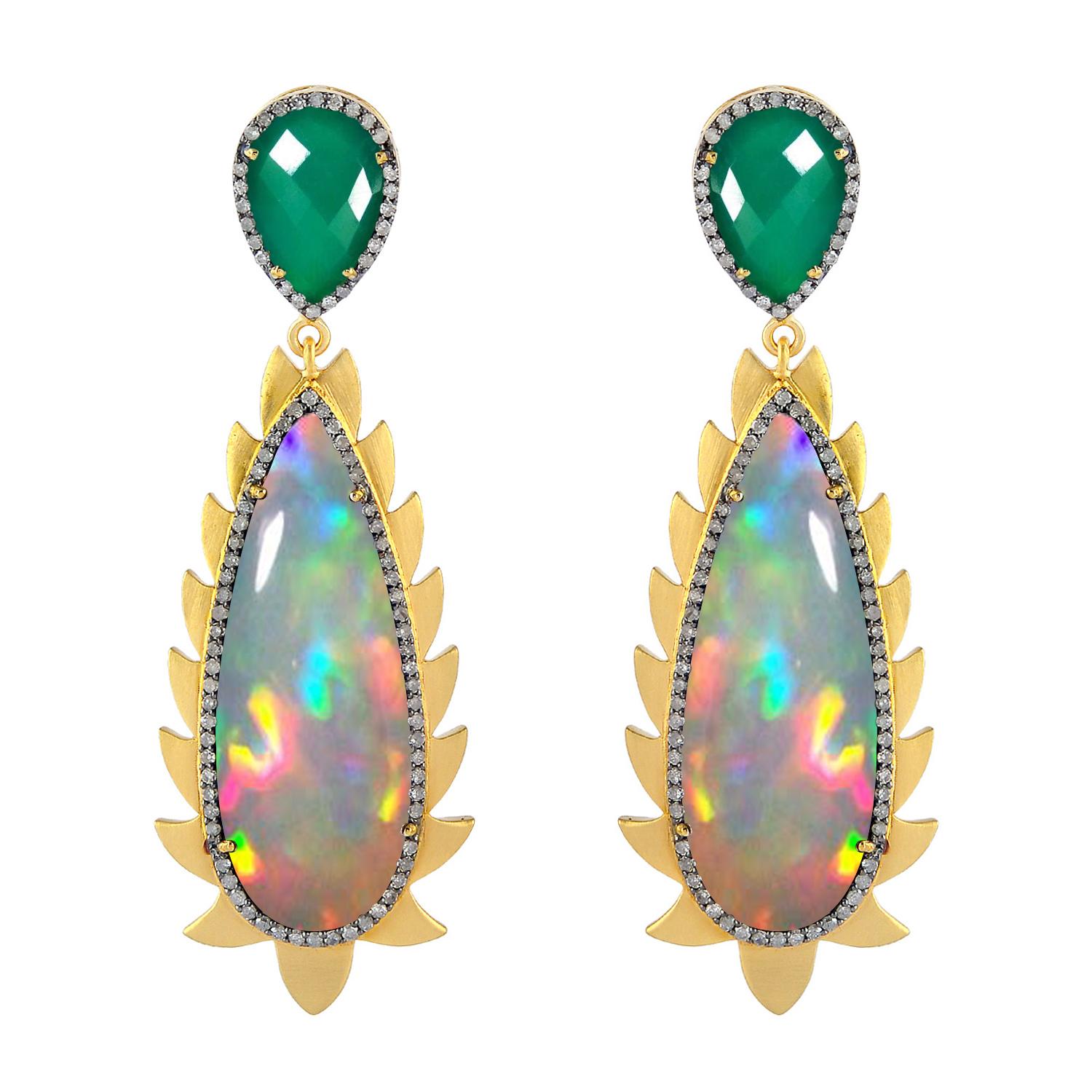 Opal Green Onyx Diamond Meghna Jewels Flame Drop Earrings For Sale