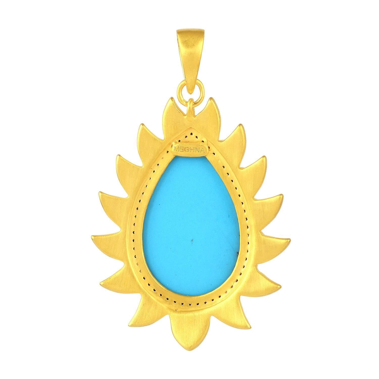 This Flame pendant necklace is handcrafted in 18K Gold, sterling silver and diamonds. It is set in 10.03 carats of turquoise cabochon and .36-carats of diamonds. 

FOLLOW  MEGHNA JEWELS storefront to view the latest collection & exclusive pieces. 