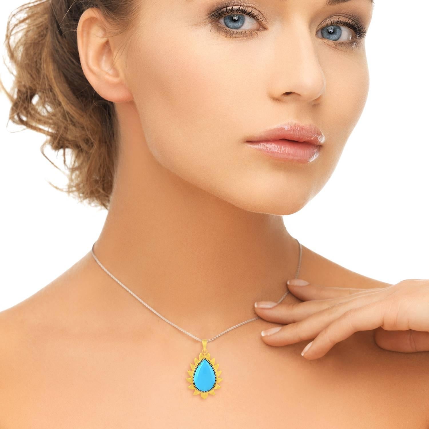 Flammen-Türkis-Diamant-Anhänger-Halskette (Tropfenschliff) im Angebot
