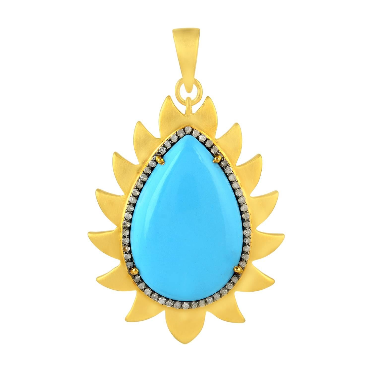 Flame Turquoise Diamond Pendant Necklace For Sale