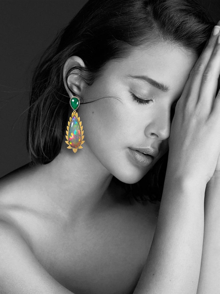Pear Cut Rainbow Moonstone Ruby Diamond Meghna Jewels Flame Earrings For Sale