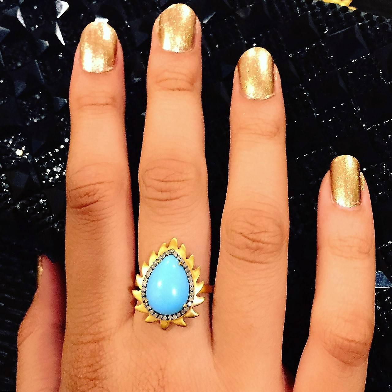 Modern Turquoise Diamond Meghna Jewels Flame Ring For Sale