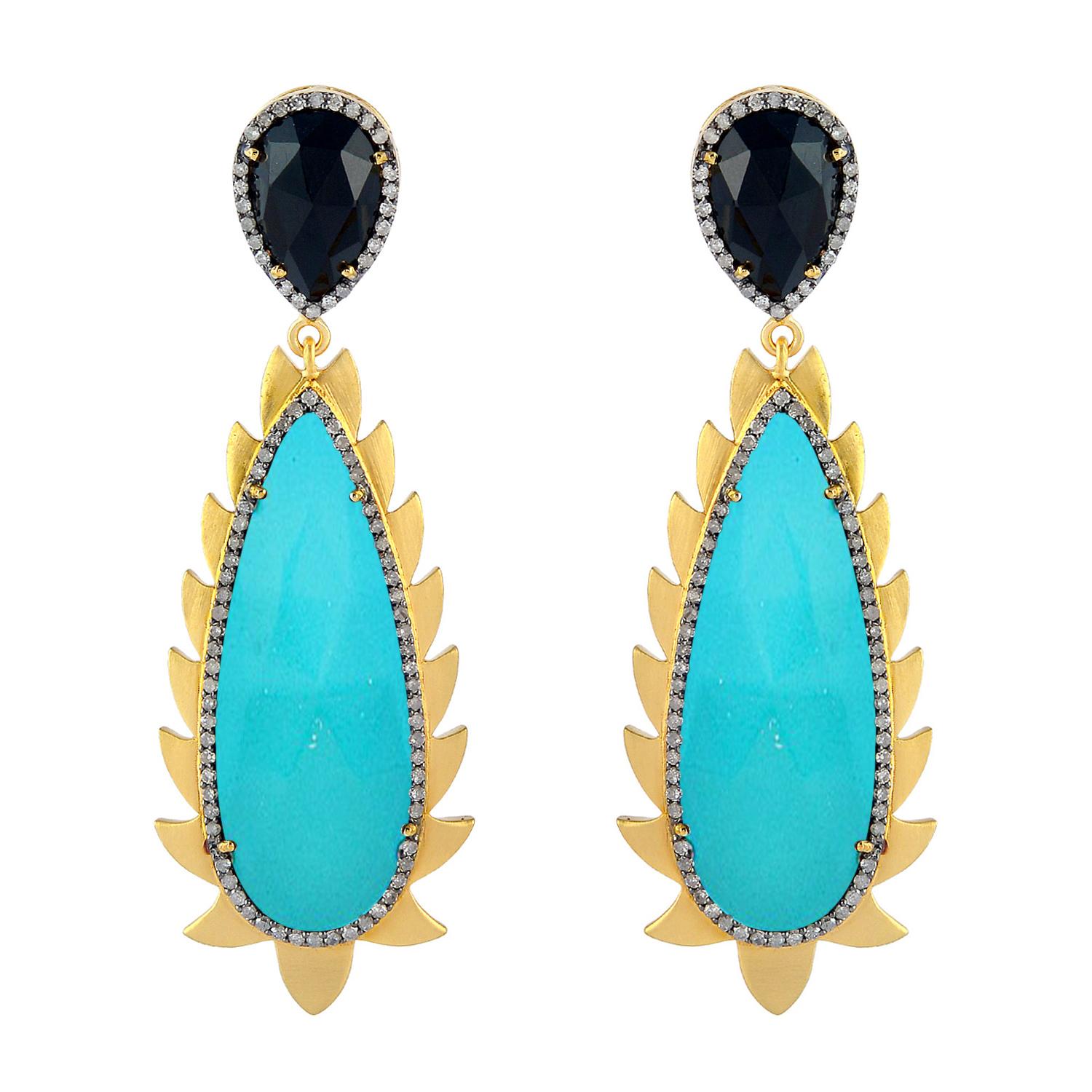 Turquoise Diamond Black Onyx Meghna Jewels Flame Drop Earrings