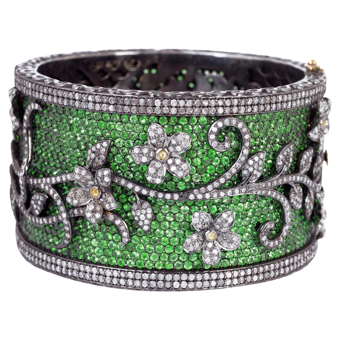 Meghna Jewels Floral Antique Style 51.84 carats Tsavorite Diamond Bracelet Cuff