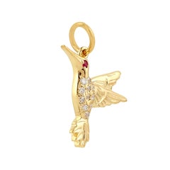 Meghna Jewels Hand Carved Bird Ruby Diamond 18 Karat Gold Charm Pendant Necklace