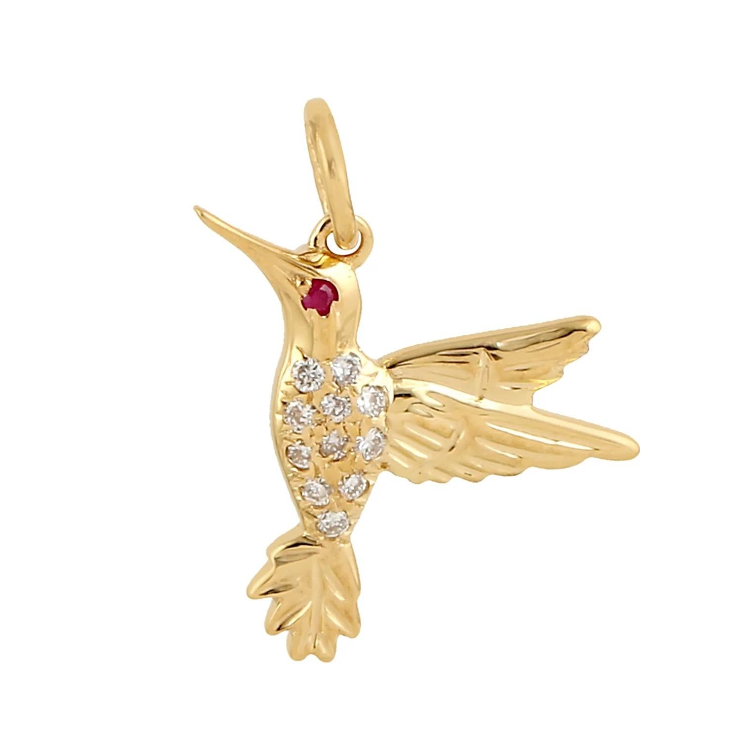 Artisan Meghna Jewels Hand Carved Bird Ruby Diamond 18 Karat Gold Charm Pendant Necklace For Sale