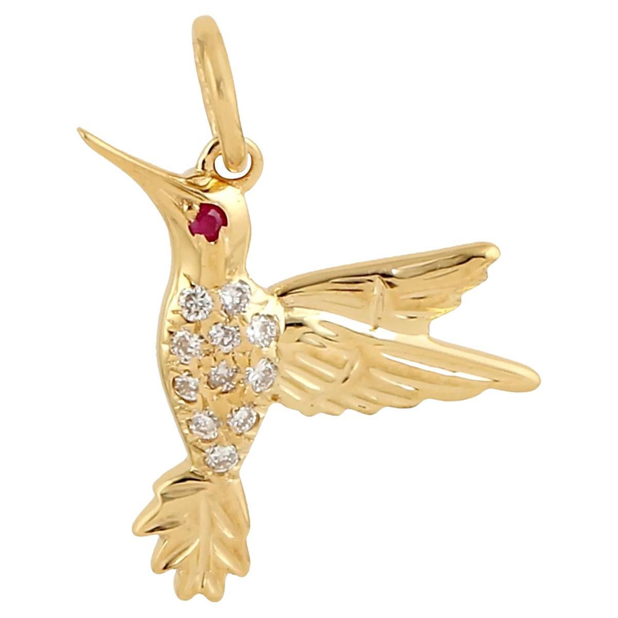Meghna Jewels Hand Carved Bird Ruby Diamond 18 Karat Gold Charm Pendant Necklace For Sale