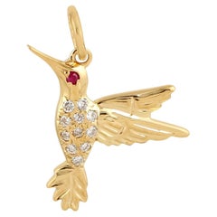 Meghna Jewels Hand Carved Bird Ruby Diamond 18 Karat Gold Charm Pendant Necklace