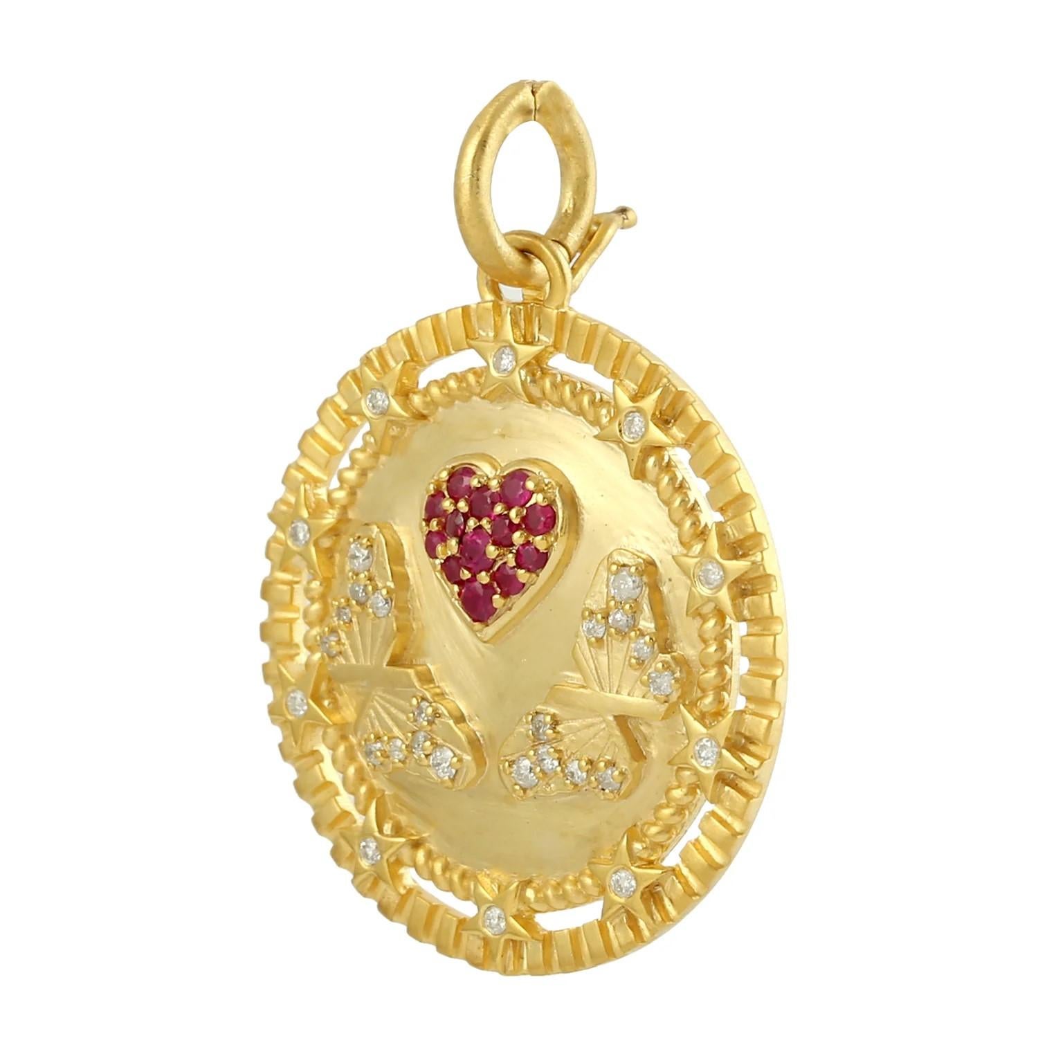 This medallion charm has been meticulously crafted from 14-karat gold and set in .23 carats ruby & .18 carats of sparkling diamonds. 

FOLLOW  MEGHNA JEWELS storefront to view the latest collection & exclusive pieces.  Meghna Jewels is proudly rated