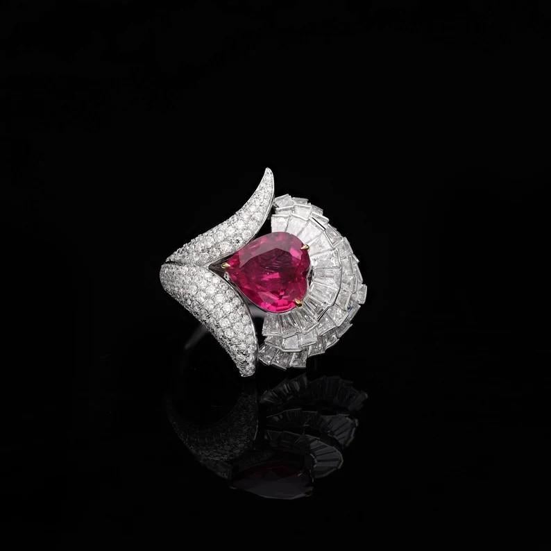 Modern Meghna Jewels Heart Rubellite 18K White Gold Fan Diamond Ring For Sale