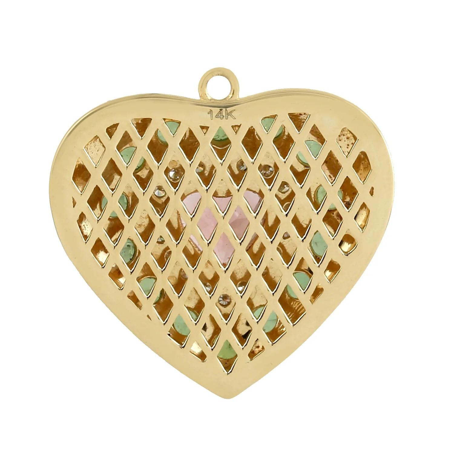 Modern Meghna Jewels 3.09 carats Tourmaline 14K Gold Diamond Heart Pendant Necklace  For Sale