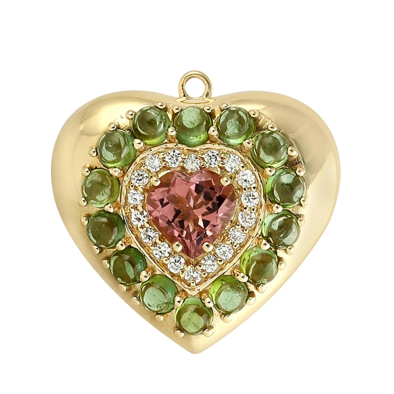 Mixed Cut Meghna Jewels 3.09 carats Tourmaline 14K Gold Diamond Heart Pendant Necklace  For Sale