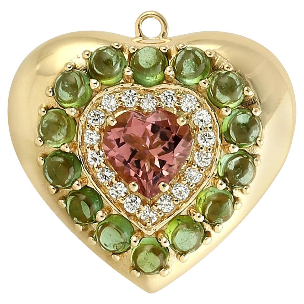 Meghna Jewels 3.09 carats Tourmaline 14K Gold Diamond Heart Pendant Necklace  For Sale