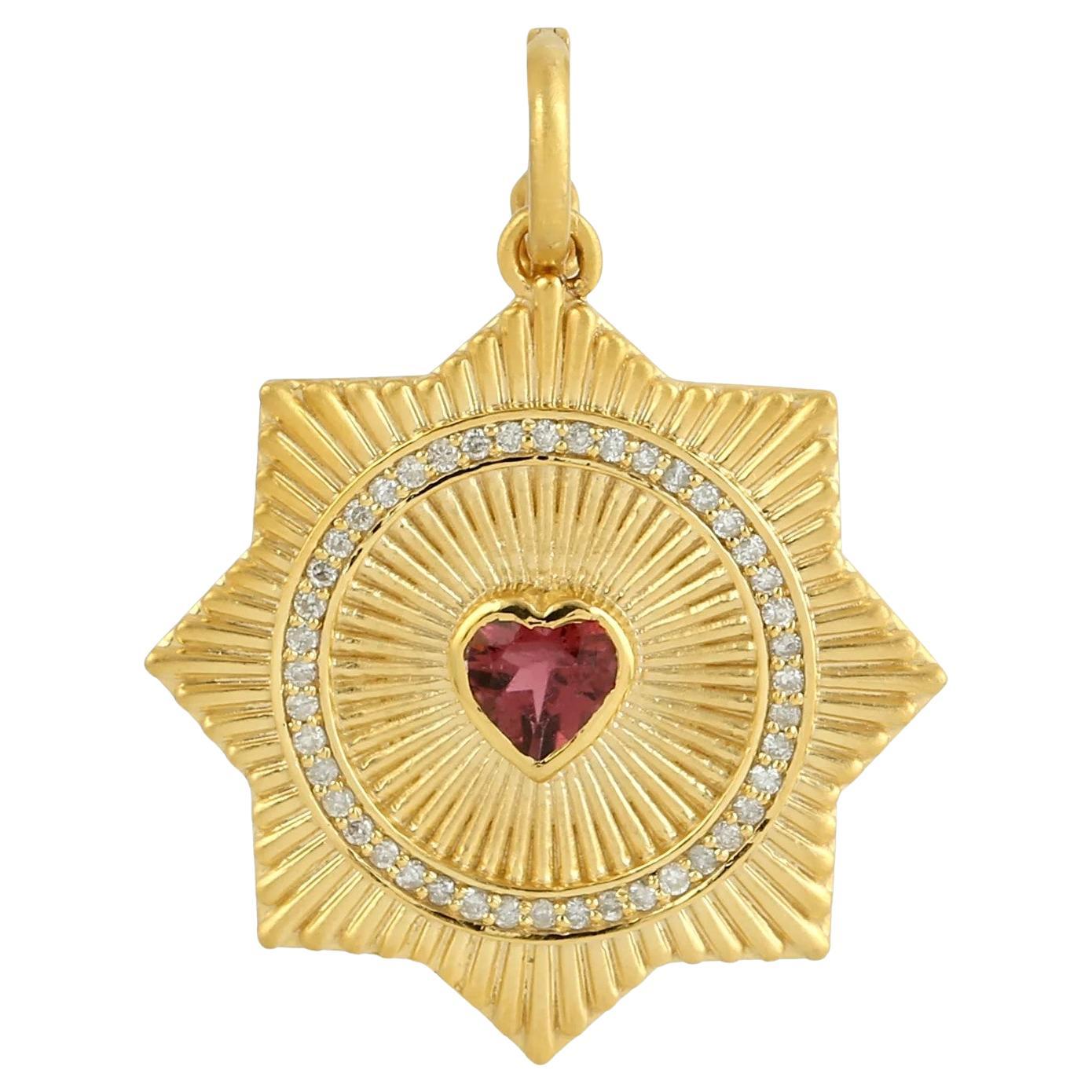 Meghna Jewels Heart Tourmaline Medallion 14K Gold Diamond Charm Pendant Necklace