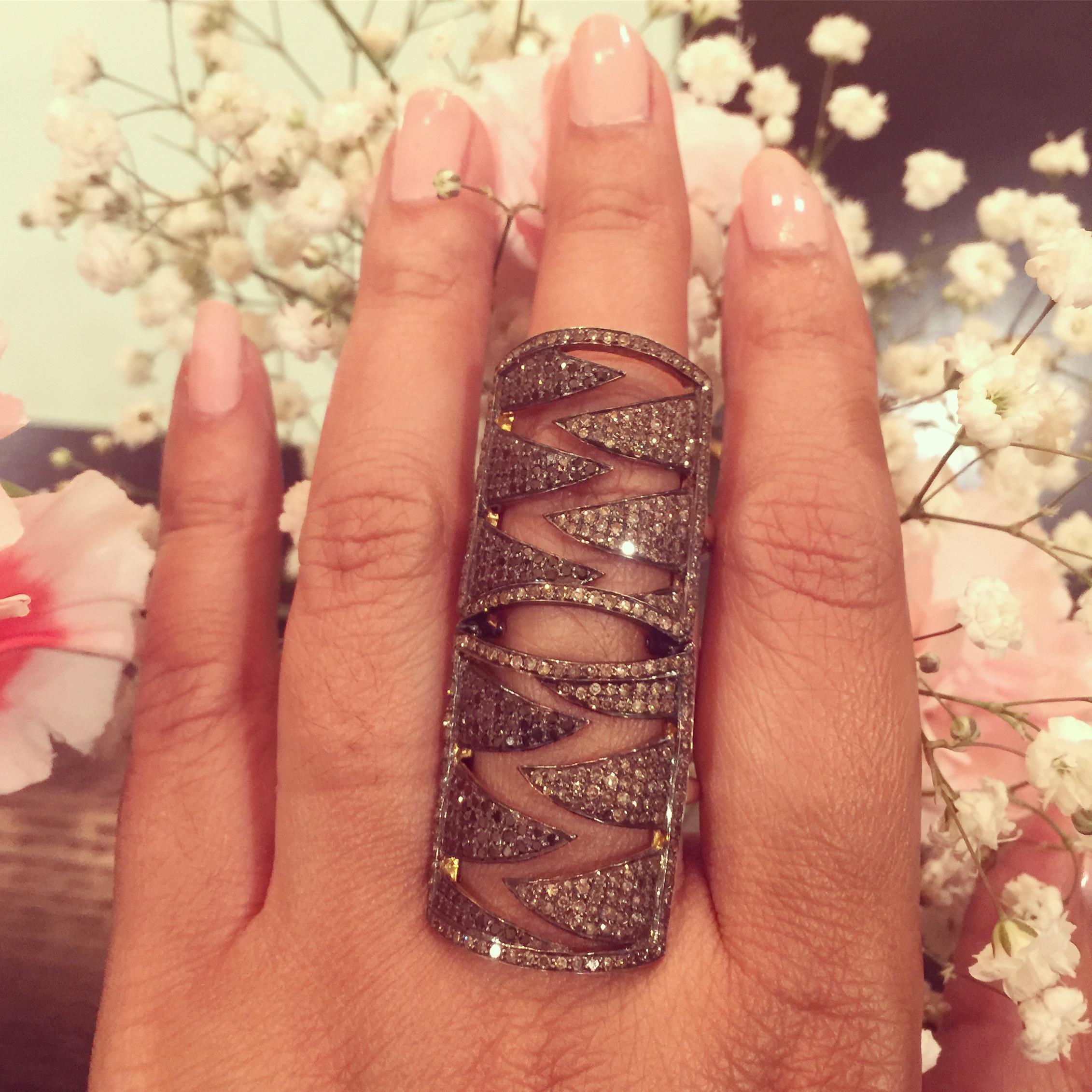 Women's Black Champagne Diamonds Interlocking Claw Ring  For Sale