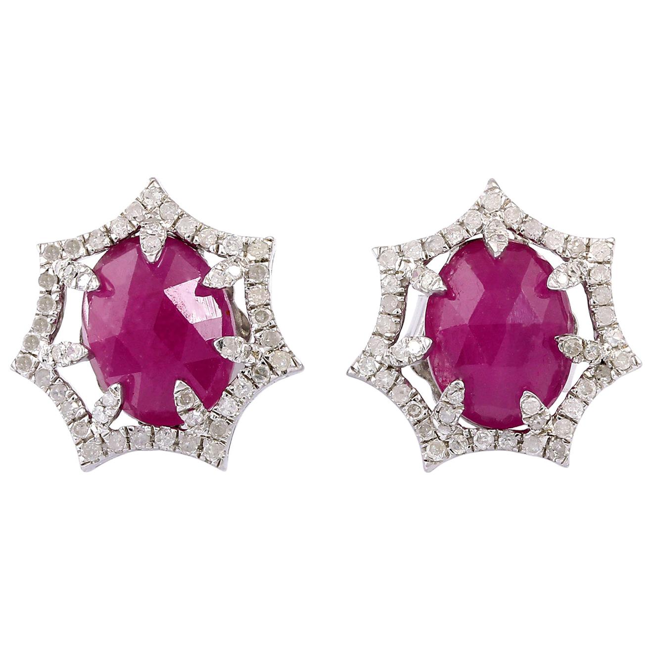 Ruby Diamond Stud Earrings For Sale