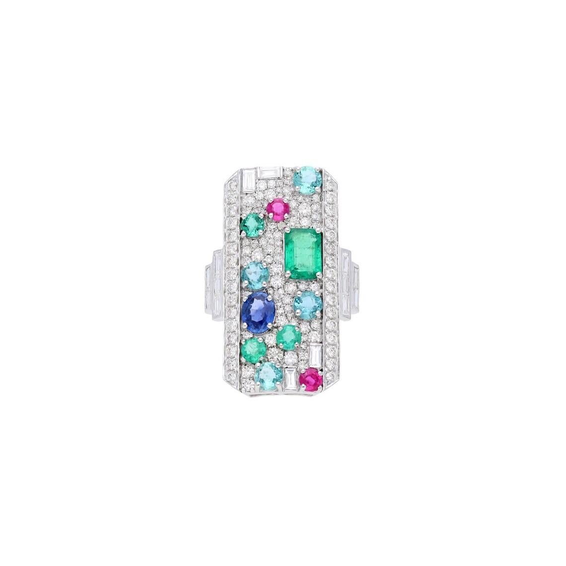 This stunning ring has been crafted from 18-karat gold. It is handset with 2.89 carat multi gemstone and 1.88 carats of sparkling diamonds. 
The ring is a size 7 and may be resized to larger or smaller upon request. FOLLOW MEGHNA JEWELS storefront