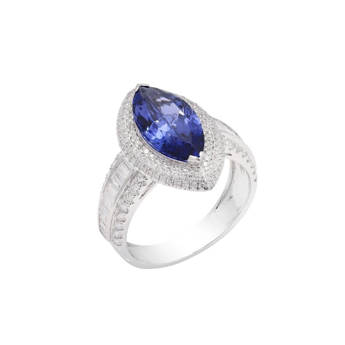 This stunning ring has been crafted from 18-karat gold. It is hand set with blue sapphire and 1.03 carats of sparkling diamonds. 

The ring is a size 7 and may be resized to larger or smaller upon request. FOLLOW MEGHNA JEWELS storefront to view the