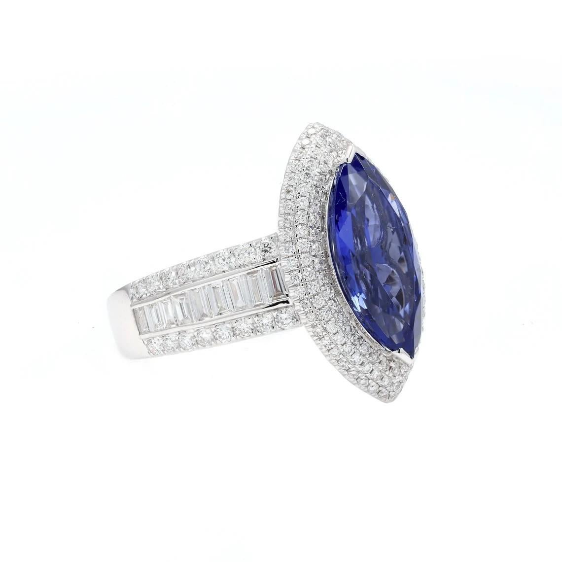 Contemporary Meghna Jewels Marquise Cut 2.60 Carat Blue Tanzanite Diamond 18 Karat Gold Ring For Sale