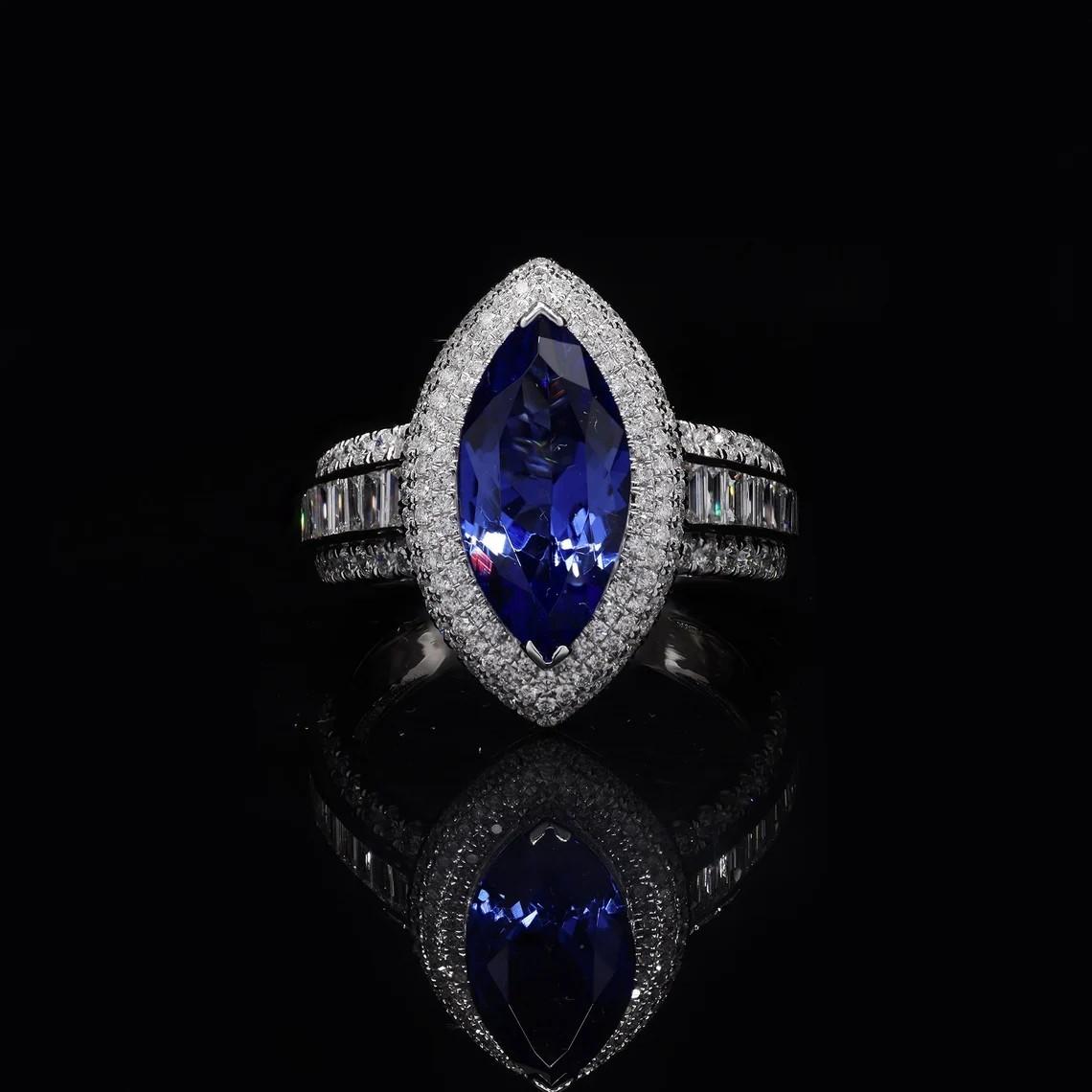 Women's Meghna Jewels Marquise Cut 2.60 Carat Blue Tanzanite Diamond 18 Karat Gold Ring For Sale