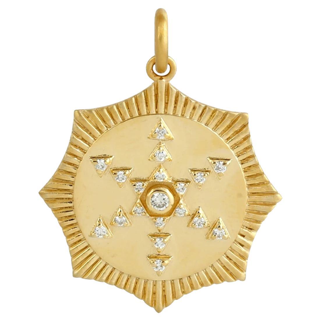 Meghna Jewels Mind Body Soul Medallion 14K Gold Diamond Charm Pendant Necklace For Sale