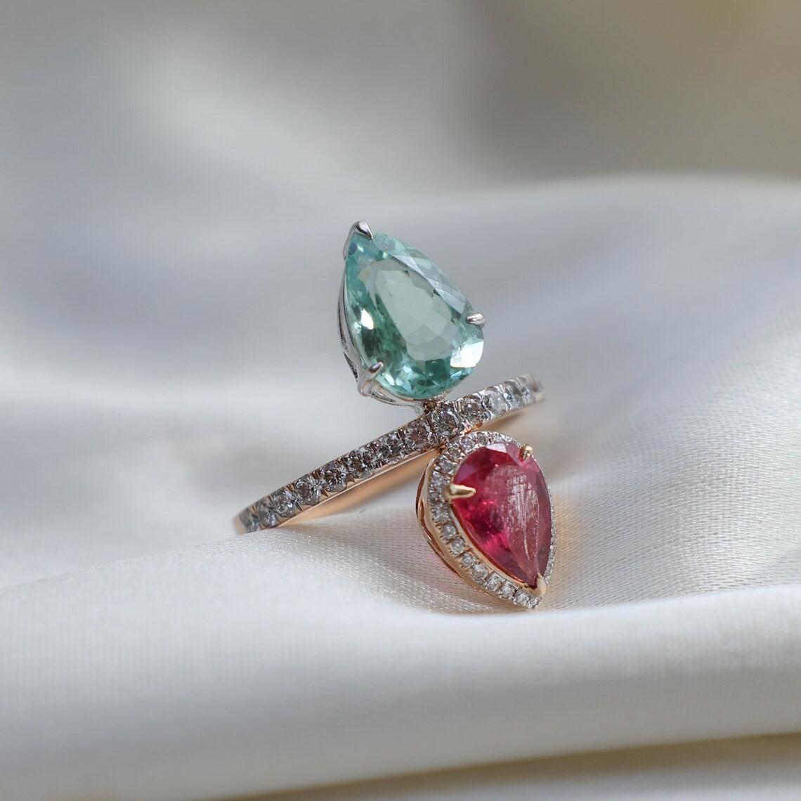 Pear Cut Meghna Jewels Mint Green Tourmaline Diamond 18 Karat Gold Ring For Sale