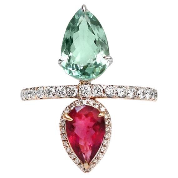 Meghna Jewels Mint Green Tourmaline Diamond 18 Karat Gold Ring For Sale