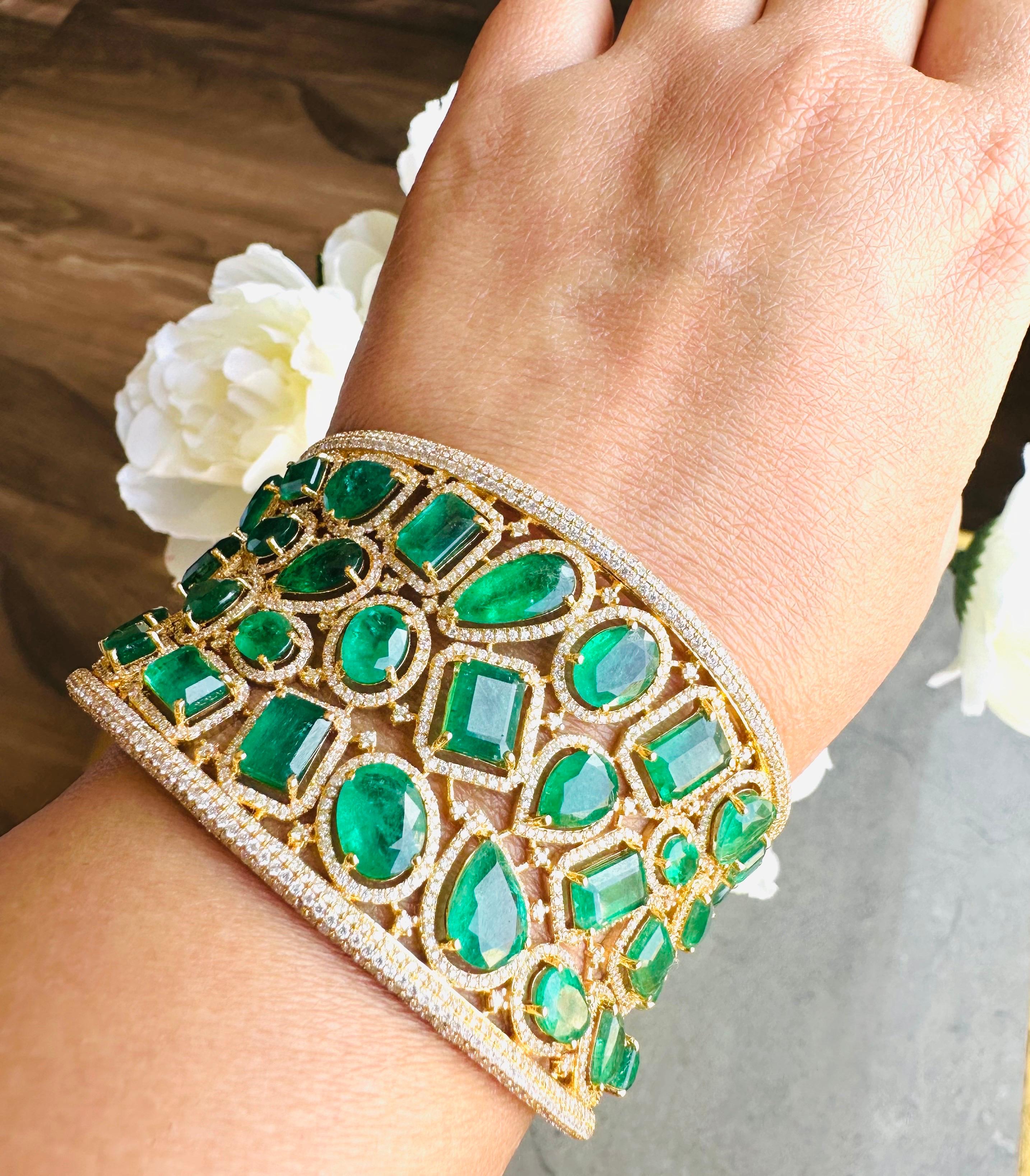Contemporary MEGHNA JEWELS Mix-Shape 45.46 carat Emerald 10.41 Diamond 18K Gold Bracelet Cuff For Sale