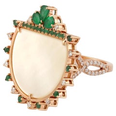 Meghna Jewels Mother of Pearl Emerald Diamond 14 Karat Gold Ring