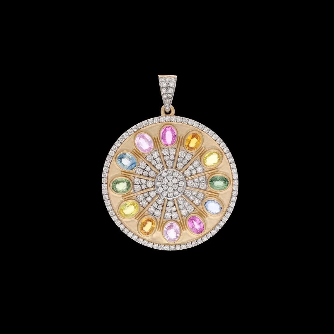 Modern Meghna Jewels Multi Sapphire 18K Gold Diamond Chakra Pendant Necklace For Sale