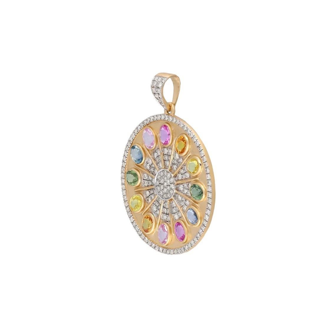 Round Cut Meghna Jewels Multi Sapphire 18K Gold Diamond Chakra Pendant Necklace For Sale